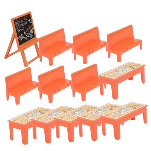 KALLORY 13st Gelber Tisch Und Stühle Miniaturen Schulstuhl Puppenschreibtisch Miniatur-klassenzimmer-kit Schreibtischstühle Miniaturen-puppenhaus-tafel Mini-klassenzimmer Szene Plastik von KALLORY