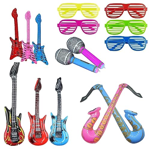 KALUROIL 15 PCS Aufblasbare Gitarre Aufblasbare Musikinstrumente Set - Gitarre, Saxophon, Mikrofon, Leuchtende Gläser - Perfekt für Party Supplies und Favors von KALUROIL