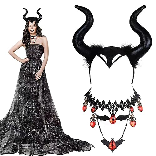 KALUROIL 2 PCS Maleficent Kostüm - Maleficent Hörner -Gothic Königin Hörner Set mit Spitzenhalskette - Teufel Haarschmuck für Halloween, Cosplay, Karneval & Fasching von KALUROIL