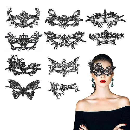 KALUROIL 8 PCS in Schwarz Venezianische Masken Verführerische Masken für Erwachsene - Spitzen-Design für Halloween, Maskenball, Karneval und mehr von KALUROIL