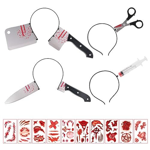 KAMEUN Halloween Dekoration Accessoire Set, 4 Stück Horror Haarreif Set Blutige Schere Haarreif Zombie Scars Halloween Messer im Kopfschmuck für Erwachsene Damen mädchen herren kinder Halloween Party von KAMEUN