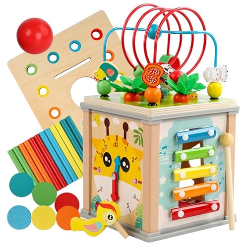 KANCAI Holz Aktivität Würfel Baby Spielzeug, 10-in-1 Montessori pädagogische Spielzeug-Set, Bead Labyrinth Form Sorter Xylophon Uhr Lernspielzeug für Jungen Mädchen Kleinkinder Alter 2 3 4 5 von KANCAI