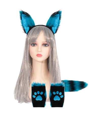 KANDEMY Fuchsohren Schwanz Plüsch Klaue Handschuhe Set Cosplay Kostüm Set Fox Wolf Cosplay Fuchs Kostüm Fancy Dress Zubehör für Kinder Erwachsene von KANDEMY