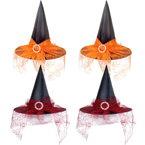 KANDEMY Hexenhut 4 Stück Zauberhut mit Spinnennet Halloween Hexen Deko für Erwachsene und Kinder Cosplay Party Hexenkostüm von KANDEMY