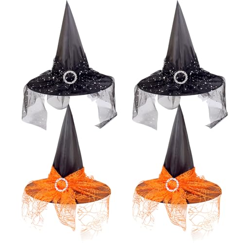 KANDEMY Hexenhut 4 Stück Zauberhut mit Spinnennet Halloween Hexen Deko für Erwachsene und Kinder Cosplay Party Hexenkostüm von KANDEMY