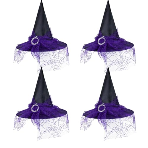 KANDEMY Hexenhut 4 Stück Zauberhut mit Spinnennet Halloween Hexen Deko für Erwachsene und Kinder Cosplay Party Hexenkostüm von KANDEMY