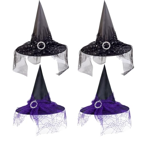 KANDEMY Hexenhut 4 Stück Zauberhut mit Spinnennet Halloween Hexen Deko für Erwachsene und Kinder Cosplay Party Hexenkostüm von KANDEMY