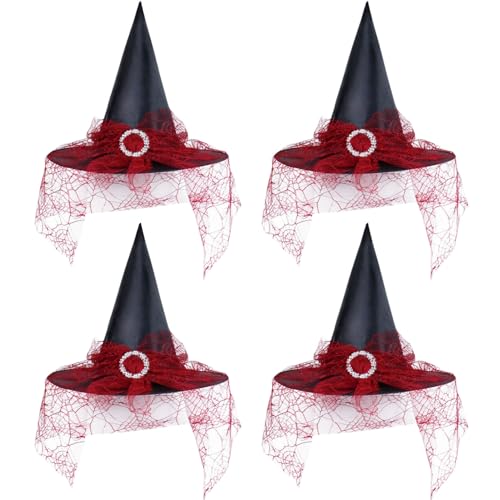 KANDEMY Hexenhut 4 Stück Zauberhut mit Spinnennet Halloween Hexen Deko für Erwachsene und Kinder Cosplay Party Hexenkostüm von KANDEMY