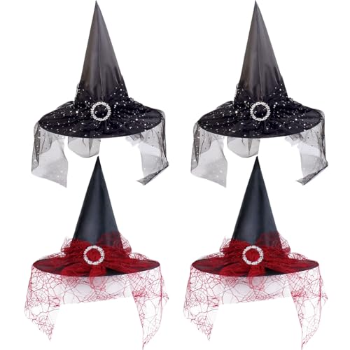 KANDEMY Hexenhut 4 Stück Zauberhut mit Spinnennet Halloween Hexen Deko für Erwachsene und Kinder Cosplay Party Hexenkostüm von KANDEMY