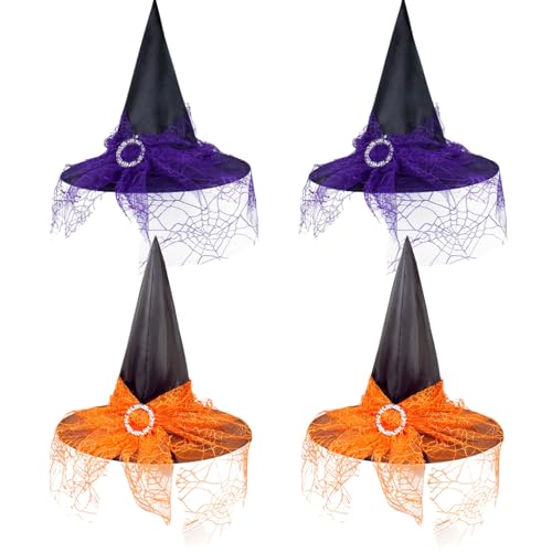 KANDEMY Hexenhut 4 Stück Zauberhut mit Spinnennet Halloween Hexen Deko für Erwachsene und Kinder Cosplay Party Hexenkostüm von KANDEMY