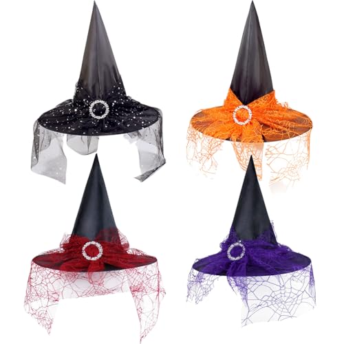 KANDEMY Hexenhut 4 Stück Zauberhut mit Spinnennet Halloween Hexen Deko für Erwachsene und Kinder Cosplay Party Hexenkostüm von KANDEMY