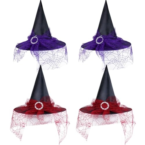 KANDEMY Hexenhut 4 Stück Zauberhut mit Spinnennet Halloween Hexen Deko für Erwachsene und Kinder Cosplay Party Hexenkostüm von KANDEMY