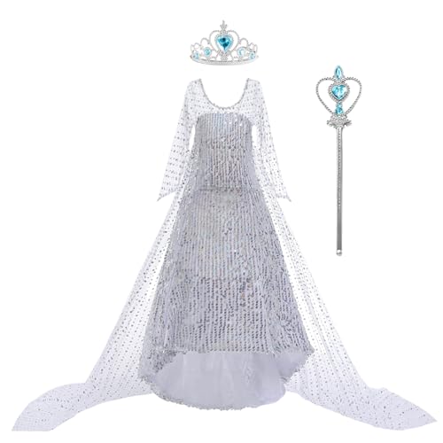 KANDEMY Mädchen Elsa Kostüm Prinzessin Schneekönigin Verkleidung Kinder Kleid mit Umhang Glänzende Faschingskosüme für Karneval Party Cosplay von KANDEMY