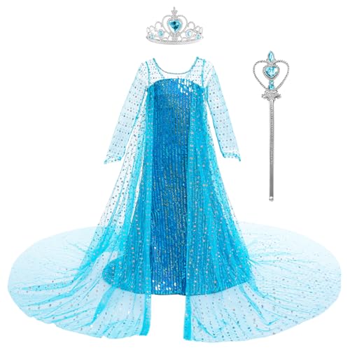 KANDEMY Mädchen Elsa Kostüm Prinzessin Schneekönigin Verkleidung Kinder Kleid mit Umhang Glänzende Faschingskosüme für Karneval Party Cosplay von KANDEMY