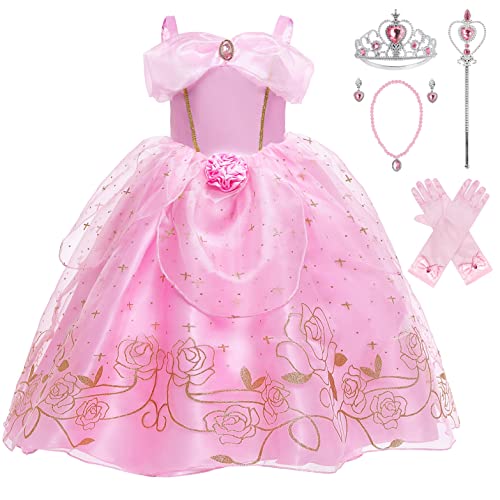 KANDEMY Mädchen Prinzessin Aurora Kostüm Dornröschen Kleid Belle Kostüm Prinzessinnen Kleider Kinder Geburtstag Fasching Karneval Kostüme Cosplay Verkleidung Party Rosa 110 von KANDEMY