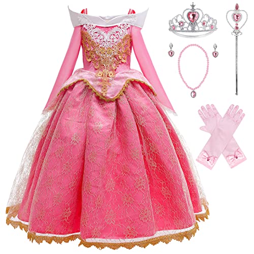 KANDEMY Mädchen Prinzessin Aurora Kostüm Kinder Dornröschen Kleid Karneval Kostüme für Fasching Party Verkleidung Cosplay Geburtstag Mottoparty Kleider Pink 120 von KANDEMY