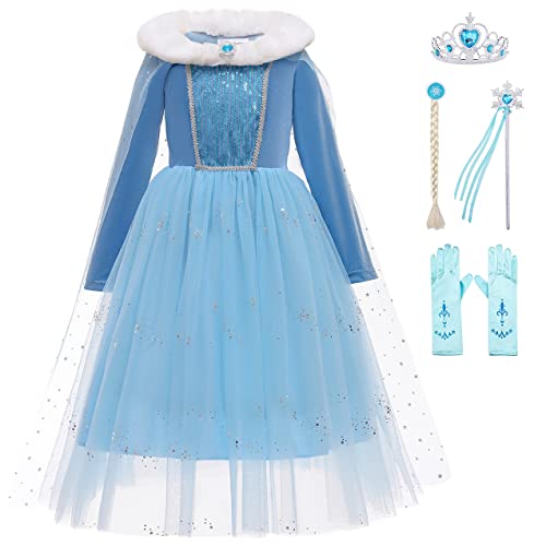 KANDEMY Mädchen Prinzessin Elsa Kostüm Eiskönigin Kleid mit Umhang Prinzessinnen Elsa Kleider Kinder Geburtstag Karneval Fasching Kostüme Cosplay Verkleidung Party Blau-K35 110 von KANDEMY