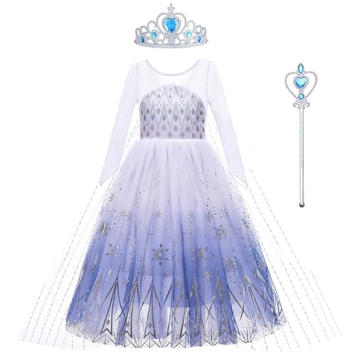 KANDEMY Mädchen Prinzessin Kleid ELSA Kostüm mit Schleppe Fasching Kostüme für Kinder Eisprinzessin Kleider Faschingskostüme Cosplay Karneval Verkleidung Party Blau 100 von KANDEMY