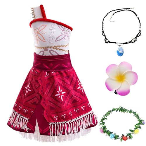 KANDEMY Mädchen Vaiana Kostüm 4 Stück Moana Prinzessin Kleid Kinder Faschingskostüm mit Halskette Blumenkranz Haarclip von KANDEMY