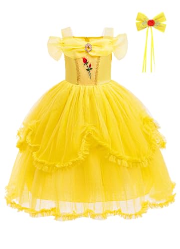 KANDEMY Prinzessin Kostüm Mädchen Belle Kostüm Kinder Faschingskostüm Puffy Prinzessinnenkleid mit Haarspange für Weihnachten Fasching Verkleidung von KANDEMY