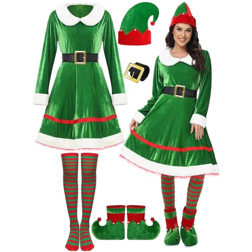 KANMUASD Damen Weihnachtskleid 5 Teiliges Weihnachtselfen Kostümset, Samtkleid+Gürtel Elf Cosplay Set, Festliche Elfenkleidung, Weihnachten Party Club Kostüm Karneval Cosplay B,2XL von KANMUASD