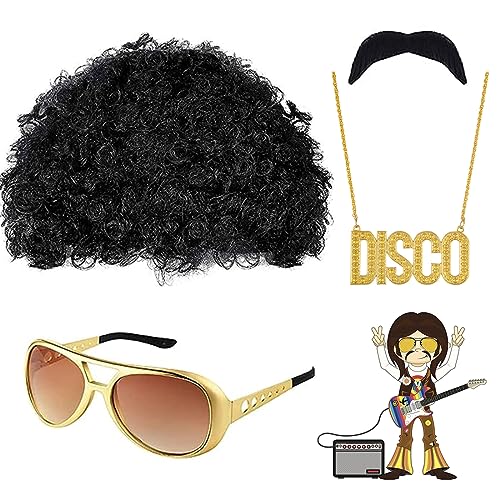 KANOSON 80er Jahre Outfit Herren Accessoires，Hippie Accessoires Herren 70 Jahre，Disco Kostüm Afro Perücke Schnurrbart zum Ankleben Hippie Brille Disko Goldkette Schlagermove Festival Karneval von KANOSON