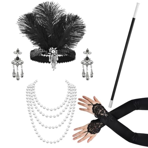 20er Jahre Accessoires, Gatsby Accessoires Damen Stirnband Perlenkette Ohrringe Lange Handschuhe Zigarettenspitz, 1920 Charleston Accessoires Halloween Kostüm Fasching Accessoires von KANOSON