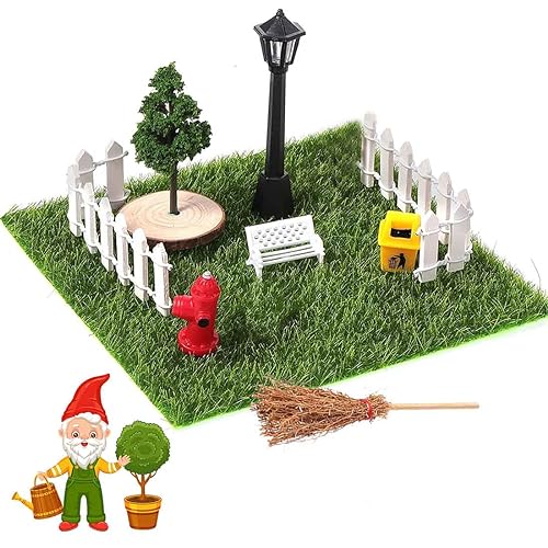 Puppenhaus Zubehör Weihnachten, 9 Miniatur Garten Set Wichtel Zubehör Garten, 1/12 Miniatur Deko Parkbank Kunstrasen Minizaun Feuerwehr Hydrant Mülleimer Straßenbeleuchtung Besen Weihnachtsbaum von KANOSON