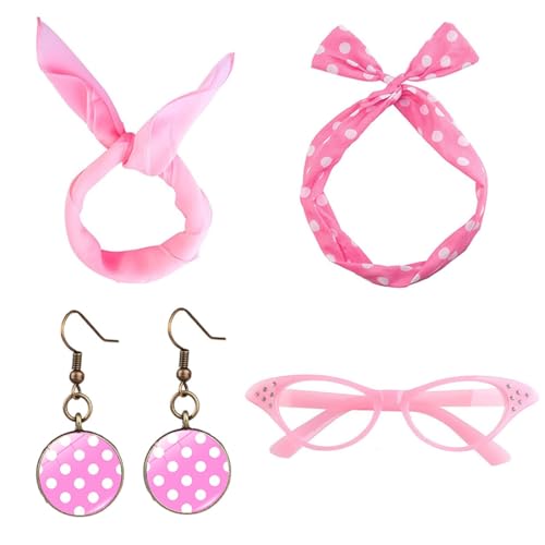 KANOSON Rockabilly Accessoires Damen Rosa, 50er Jahre Kleider Damen Accessoires, Rockabilly Haarschmuck Polka Dot Ohrringe Katzenaugen Chiffon Schal für 50er Jahre Mottoparty von KANOSON