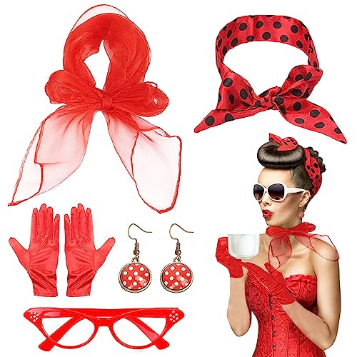 KANOSON Rockabilly Accessoires Damen Rot, 50er Jahre Kleider Damen Accessoires, Rockabilly Haarschmuck Polka Dot Ohrringe Katzenaugen Chiffon Schal Handschuhe Für 50er Jahre Mottoparty Halloween von KANOSON