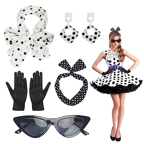 KANOSON Rockabilly Accessoires Damen Schwarz Weiß, 50er Jahre Kleider Damen Accessoires, Rockabilly Haarschmuck Polka Dot Ohrringe Katzenaugen Chiffon Schal Handschuhe Für 50er Jahre Mottoparty von KANOSON