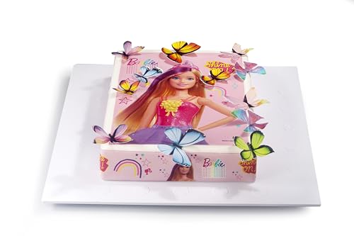 Kardasis Barbie Zuckerbändern und Essbare Schmetterlinge Figuren | Essbarer Aufleger für Torten und Kuchen | Tortendekoration für den Barbie Themengeburtstag |20cm+ 4 Bänder 28x4cm + 12 Figuren von KARDASIS