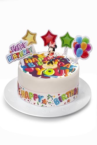 Kardasis Minnie Mouse Tortenaufleger - Essbarer Aufleger für Torten - Tortendekoration für den Minnie Maus Themengeburtstag - 20cm rund Zuckerpapier + 4 Bänder 28x4cm + 5 Papierfiguren + 1d figure von KARDASIS