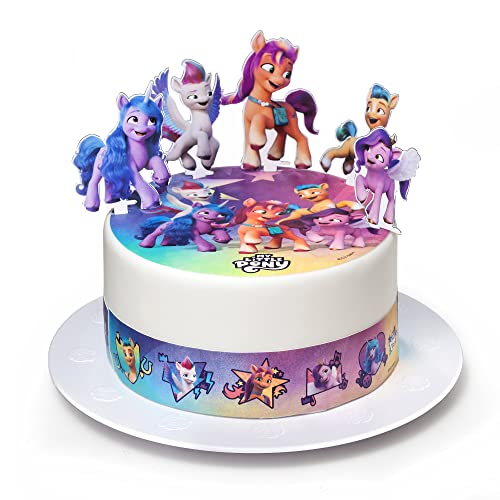 Kardasis My Little Pony mit Zuckerbändern und Papierfiguren | Essbarer Aufleger für Torten und Kuchen | Tortendekoration für den My Little Pony Themengeburtstag | 20cm + 3 Band 28x5cm + 4 Figuren von KARDASIS