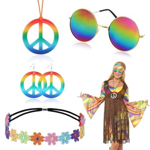 5-teiliges Hippie-Kostüm-Zubehör, Hippie-Kostüm-Set, 60er-/70er-Jahre-Kostüm-Zubehör für Damen, inklusive Sonnenbrille, Stirnbänder, Gänseblümchen, Friedenszeichen-Halskette und Ohrringe, für 60er-, von KARELLS