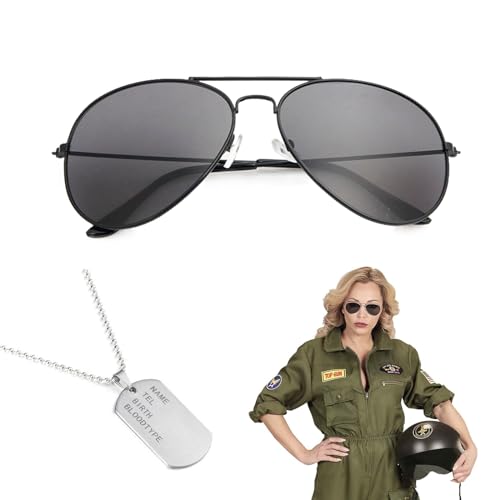 Armee Verkleidung,Schwarz Sonnenbrille und Erkennungsmarke Solider,Sonnenbrille,Erkennungsmarke,Armee Taktische Accessoires,Pilot Kostüm Flieger Zubehör,Militär Cosplay Kostüm,für Cosplay Dress Up von KARELLS