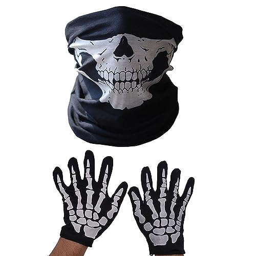 Gesichtsmaske,White Skeleton Gloves,Nahtlos Schädel Gesicht Schlauch Maske,Motorrad Gesichtsmaske,Party Supplies Set Atmungsaktiv,Halloween Cosplay Kostüm Zubehör,Halloween,Fahrrad,Wandern,Ski von KARELLS