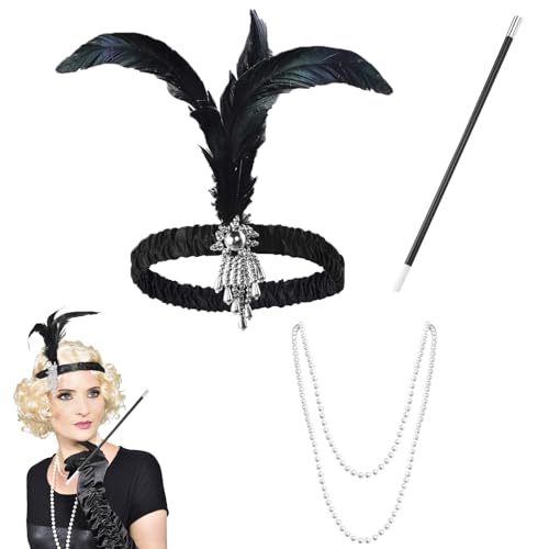 KARELLS 3 Stück 20er Jahre Accessoires,20er Jahre Kostüm Damen,Feder Stirnband 20er,1920 Zubehör Set,20er Jahre Flapper,mit Perlenkette,Kunststoffrohr,für Maskerade,Halloween,Weihnachten,Karneval von KARELLS