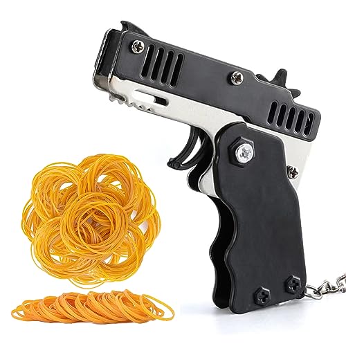 Mini-Gummibandpistole aus Metall,Klappbare Gummiband Pistolen Spielzeuge,Gummi Pistole Gummiband Mini-Gummibandpistole,mit Schlüsselanhänger und 60Gummibändern,Schießspiel Outdoor-Aktivitäten,schwarz von KARELLS