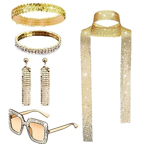 KAREN66 5 Stück 70er Jahre Disco Zubehör Set Damen Fasching Karneval Kostüm Glitzer Haarbänder Disco Haarband Sonnenbrille Strass Halskette Pailletten Ohrringe Armband Set (Gold) von KAREN66