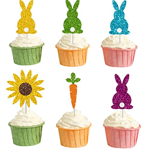 KARLOR 24 Stück Cupcake Topper Ostern, Hase Toppers Ostern Party Deko, Glitzer Hase Tortendeko Kuchen Topper Tortenaufleger Hase Möhren Sonnenblume für Ostern Kinder Geburtstagsfeier Gartenpartys von KARLOR