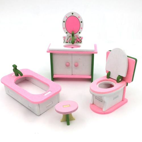 KARLOR 4 Stück Puppenhaus Möbel Set Badezimmer Holz Miniatur Möbel Set Badewanne Toilette Waschbecken Stuhl, Puppenhaus Zubehör Deko 1:12 Puppenhaus Deko Dollhouse Puppenmöbel （Badezimmer） von KARLOR