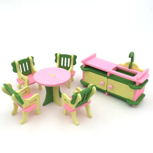 KARLOR 6 Stück Puppenhaus Möbel Set Holz Küche Miniatur Möbel Set Küchenspüle Esstisch 4 Stühle, Puppenhaus Zubehör Deko 1:12 Puppenhaus Esszimmer Zubehör Dollhouse Puppenmöbel（Küche von KARLOR