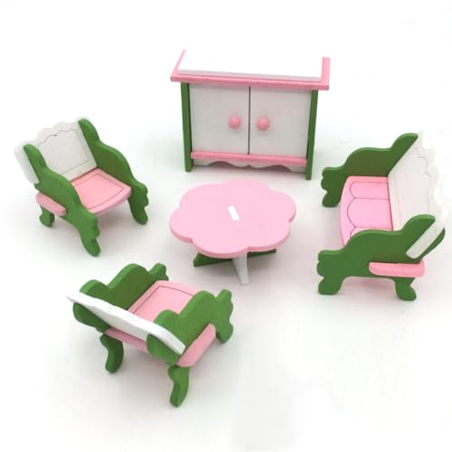 KARLOR 7 Stück Puppenhaus Möbel Set Wohnzimmer Holz Miniatur Möbel Set Sofa 2 Sessel Tisch Schrank, Puppenhaus Zubehör Deko 1:12 Puppenhaus Dollhouse Deko Puppenmöbel（Wohnzimmer） von KARLOR