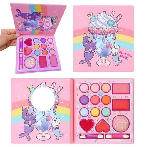 KARLOR Kinder Schminke Mädchen Make-up, 14 Farben mit 2 Pinsel, Prinzessin Makeup Set, Kinder Schminkpalette, 9 Lidschaten 2 Lip Gloss 2 Rouge 1 Glitzer, Kinder Makeup Palette für Mädchen ab 4 Jahre von KARLOR