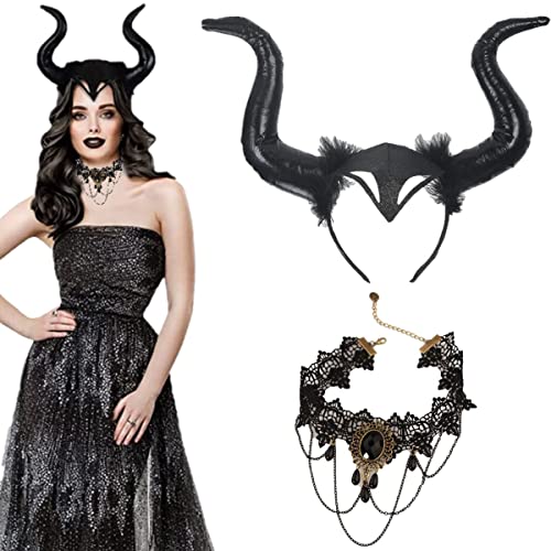 KARLOR Königin Hörner Kopfschmuck, Horn Kopfbedeckung & Spitzenhalskette, Teufelhörner Haareifen Damen Halloween gotisch Kostüm Böse Stirnband Schwarz Haarband für Karneval Maskerade Cosplay von KARLOR