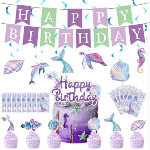 KARLOR Meerjungfrau Geburtstag Deko, Meerjungfrau Party Deko Kindergeburtstag Dekorationen Mädchen Geburtstag Party Set mit Tortendeko Geschenktüte HappyBirthday Girlande Mermaid Partyzubehör von KARLOR