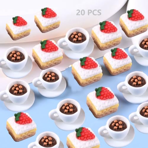 KARLOR Miniatur Kuchen mit Kaffee, 20 Pcs Mini Nachtisch Dessert Kaffeetasse DIY Accessoires Kunstharz Miniatur Lebensmittel Puppenhaus Küche Deko Zubehör für Handkunst Basteln Handycase Haarspangen von KARLOR