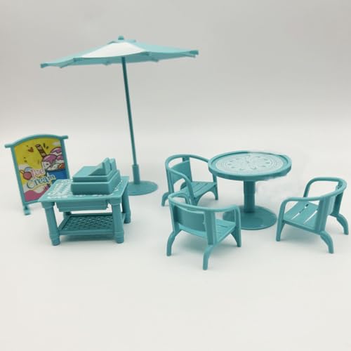 KARLOR Miniatur Sonnenschirmtisch Stühle Set, 8 Stück Mini Möbel Set, Sonnenschirm Tisch Stühle Werbetafeln Kassen, Klein Ornamente Mini Restaurants Puppenhaus Garten Strand Deko von KARLOR