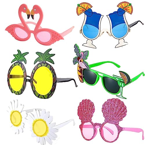 KARLOR Partybrille, 6 PCS Lustige Sonnenbrille Hawaii Party Brille Sonnenbrille Strand Urlaub Mallorca Party Festival Hawaii Outfit Party Brille Set Ananas Flamingo Hülse Cocktail Cool Modebrille von KARLOR